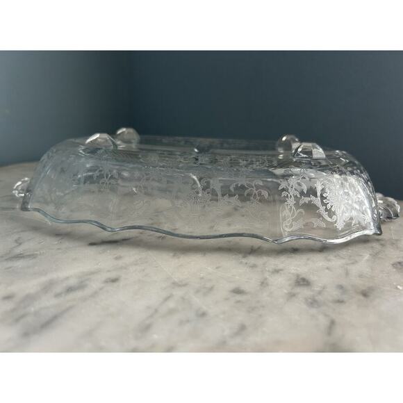 Fostoria Meadow Rose 3 Part Glass Footed Relish Dish Etched Crystal Vintage - Picture 11 of 15